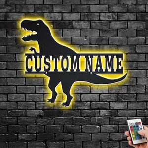 Custom T-Rex Dinosaur Metal Wall Art With LED Light, Personalized T-Rex Dinosaur Name Sign Decoration For Room, T-Rex Metal LED Decor, T-Rex