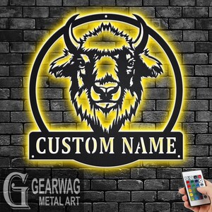 Custom Bison Metal Wall Art With LED Light, Personalized Bison Name Sign Decoration For Room, Bison Metal LED Decor, Custom Bison Name Sign