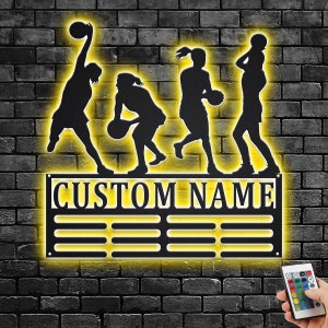Custom Netball Medal Holder LED Light, Personalized Netball Player Name Medal Hanger, Netball Medal Display Awards Sign, Custom Netball Sign