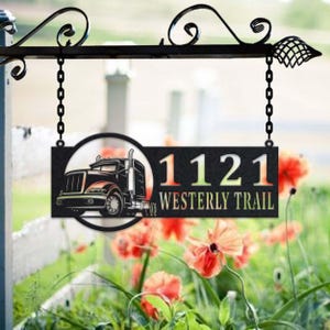 Gepersonaliseerd metalen adresbord semi-vrachtwagen huisnummer hangend adresplaquette tuinbord, bord buiten tuinpaal, metalen adresbord
