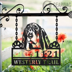 Personalized Basset Hound Dog Metal Address Sign House Number Hanging Address Plaque Yard Sign, Outdoor Sign Garden Stake, Dog Address Sign