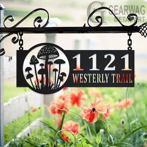 Personalized Mushroom Metal Address Sign House Number Hanging Address Plaque Yard Sign, Outdoor Sign Garden Stake, Address Name Sign