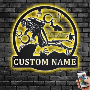 Custom Scuba Diver Metal Wall Art: LED Light Name Sign