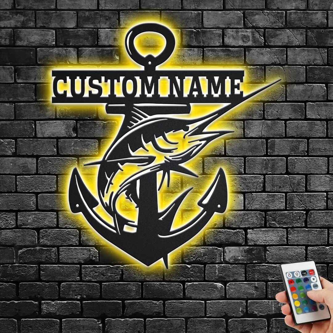 Custom Anchor Swordfish Metal Wall Art With LED Light, Personalized