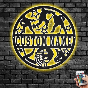 Custom Ice Hockey Metal Wall Art With LED Light, Personalized Ice Hockey Player Name Sign Decoration For Room, Ice Hockey Metal LED Decor