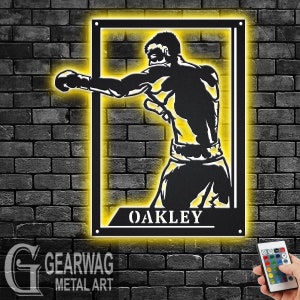 Custom Boxing Signage Metal Wall Art With LED Light, Personalized Boxing Player Name Sign Decoration, Boxing Player Metal LED Decor