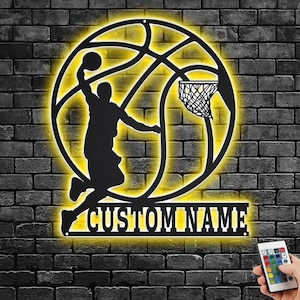 Custom Basketball Metal Wall Art With LED Light, Personalized Basketball Player Name Sign Decoration For Room, Basketball Metal LED Decor