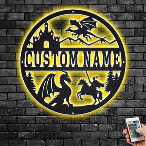 Custom Dragon Metal Wall Art With LED Light, Personalized Dragon Name Sign Decoration For Room, Dragon Metal LED Decor, Custom Dragon Sign