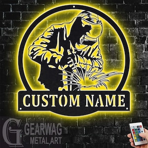 Custom Welder Metal Sign With LED Light, Personalized Welder Name Sign Decoration For Room, Tree Welder Metal LED Decor, Welder Name Sign