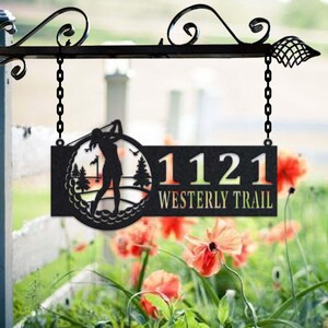 Personalized Female Golfer Metal Address Sign House Number Hanging Address Plaque Yard Sign, Outdoor Sign Garden Stake, Metal Address Sign