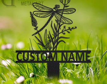 Personalized Dragonfly Garden Sign: Metal Art with Flowers