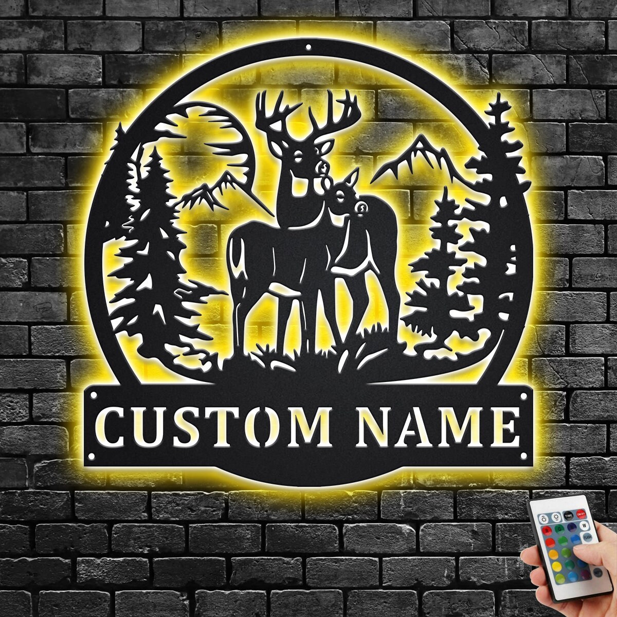Custom Deer And Mountain Metal Wall Art With LED Light, Personalized Deer Hunter Name Sign Decoration For Room, Deer Hunting Metal LED Decor