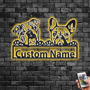 Custom French Bulldog And English Bulldog Metal Wall Art With LED Light, Personalized Two Dog Name Sign Decoration For Room, Dog Metal Decor