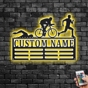 Custom Triathlon Medal Holder LED Light, Personalized Triathlon Player Name Medal Hanger, Triathlon Medal Display Awards Sign, Triathlon