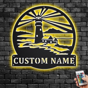 Custom Lighthouse Nautical Round Metal Wall Art With LED Light, Personalized Lighthouse Name Sign Decoration For Room, Lighthouse Home Decor