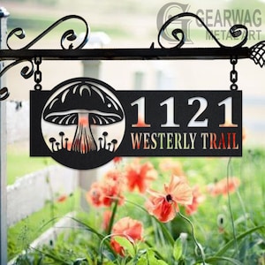 Personalized Mushroom Metal Address Sign House Number Hanging Address Plaque Yard Sign, Outdoor Sign Garden Stake, Address Name Sign