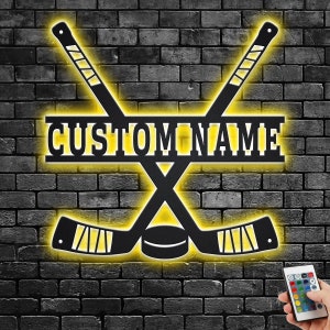 Custom Hockey Stick Metal Wall Art With LED Light, Personalized Hockey Player Name Sign Decoration For Room, Hockey Metal LED Decor