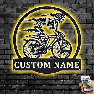 Custom Skull Bicycle Metal Wall Art With LED Light, Personalized Skull Bicycle Name Sign Decoration For Room, Skull Bicycle Metal Home Decor