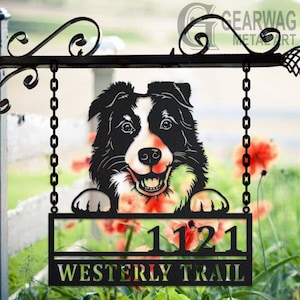 Personalized Border Collie Dog Metal Address Sign House Number Hanging Address Plaque Yard Sign, Outdoor Sign Garden Stake, Address Sign