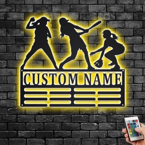 Custom Softball Medal Holder LED Light, Personalized Softball Player Name Medal Hanger, Softball Medal Display Awards Sign, Custom Softball