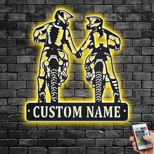 Custom Dirt Bike Couple Holding Hand Metal Wall Art With LED Light, Personalized Biker Name Sign Decoration For Room, Motorcycle LED Decor