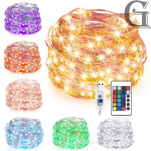May include: A set of 100 LED copper wire fairy lights with a remote control. The lights are available in multiple colors, including white, warm white, purple, orange, green, and blue. The lights are battery operated and can be used indoors or outdoors.