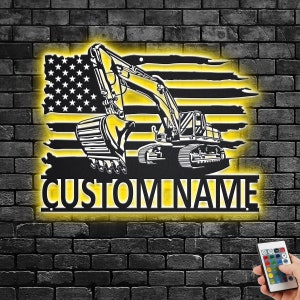 Custom Us Excavator Metal Wall Art With Led Light, Personalized Excavator Driver Name Sign Decoration For Room, Excavator Metal LED Decor