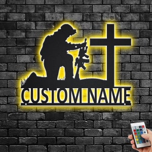 Custom Kneeling Soldier Metal Wall Art With LED Light, Personalized Soldier Name Sign Decoration For Room, Kneeling Soldier Metal Home Decor