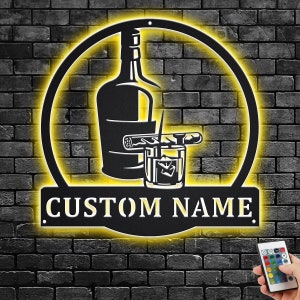 Benutzerdefinierte Bourbon-Zigarre-Metallwandkunst mit LED-Licht, personalisiertes Whisky-Rauchzeichen-Hausbar-Pub-Dekor, Cocktaildekorations-Mannhöhle