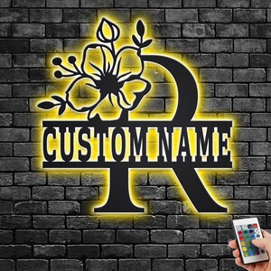 Custom Floral Alphabet R Metal Wall Art With Led Light, Personalized Alphabet Family Name Sign Decoration For Room,Last Name Metal LED Decor