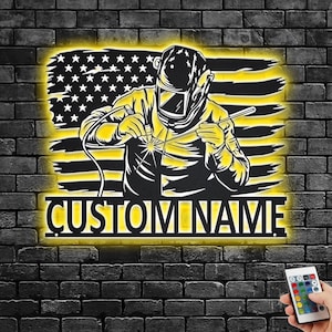 Custom US Welder Metal Wall Art With LED Light, Personalized Welderr Player Name Sign Decoration For Room, Welder Metal LED Decor, Welder