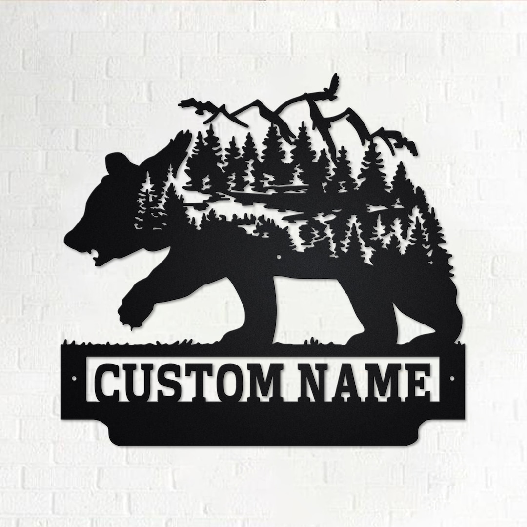 Custom Forest Mountain Bear Metal Wall Art, Personalized Bear Name Sign