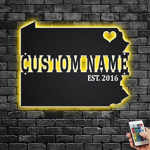 Custom Pennsylvania Map Metal Wall Art With Led Light, Personalized Pennsylvania State Name Sign Decoration For Room, Born In Pennsylvania