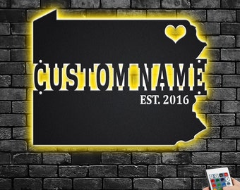 Mapa personalizado da Pensilvânia em metal com arte de parede e LED