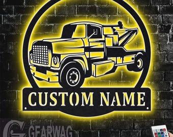 Custom Tow Truck Metal Sign with LED Lights: Personalized Name Decor