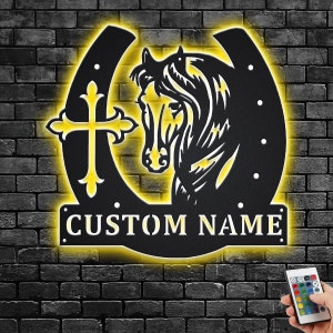 Custom Large Horseshoe With Horse Metal Wall Art With LED Light, Personalized Horse Name Sign Decoration For Room,Horse And Cross Home Decor