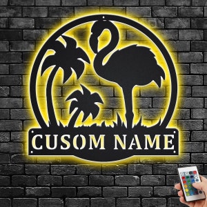 Custom Flamingo Metal Wall Art With LED Light, PersonalizedFlamingo Name Sign Decoration For Room, Flamingo Metal Home Decor,Custom Flamingo