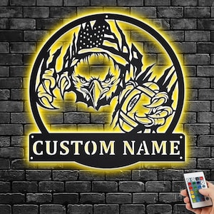 Custom US Eagle Football Metal Wall Art With LED Light, Personalized Football Player Name Sign Decoration For Room, Football Metal LED Decor
