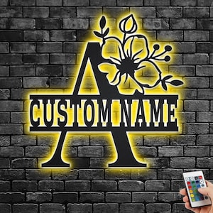 Custom Floral Alphabet A Metal Wall Art With Led Light, Personalized Alphabet Family Name Sign Decoration For Room,Last Name Metal LED Decor