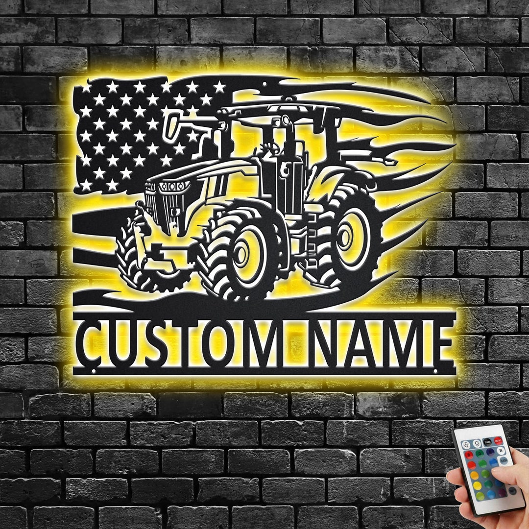 Custom US Tractor Metal Wall Art With LED Light, Personalized Tractor