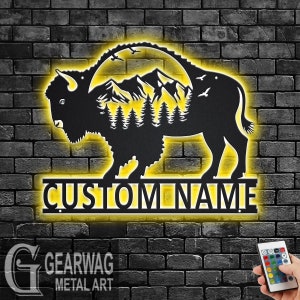 Custom American Bison Metal Wall Art With LED Light, Personalized Bison Name Sign Decoration For Room, Bison Metal LED Decor, Custom Bison