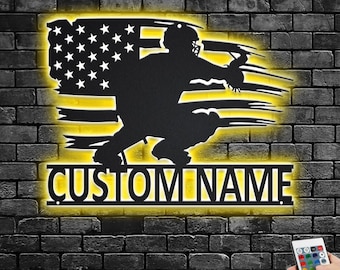Custom US Baseball Catcher Metal Wall Art With LED Light,Personalized Baseball Player Name Sign Decoration For Room,Baseball Metal LED Decor
