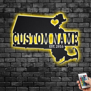 Custom Massachusetts Map Metal Wall Art With Led Light, Personalized Massachusetts State Name Sign Decoration For Room,Born In Massachusetts