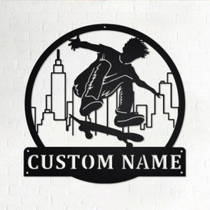 Arte de pared de metal con monopatín personalizado, letrero con nombre de monopatín personalizado para decoración de habitación, decoración del hogar con monopatín, monopatín personalizado