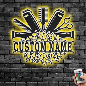 Custom Hair Salon Metal Wall Art With LED Light, Personalized Hair Salon Name Sign Decoration For Room, Hairstyle List Metal LED Decor