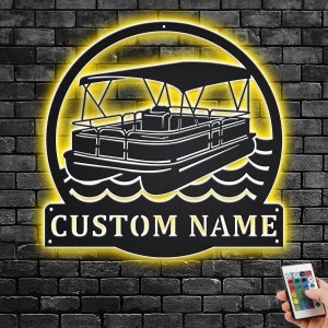 Custom Pontoon Boat Metal Wall Art With LED Light, Personalized Pontoon Boat Name Sign Decoration For Room, Pontoon Boat Metal Home Decor