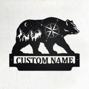 Custom Bear And Mountains Landscape Metal Wall Art, Personalized Bear Name Sign Decoration For Room, Bear Metal Home Decor, Custom Bear