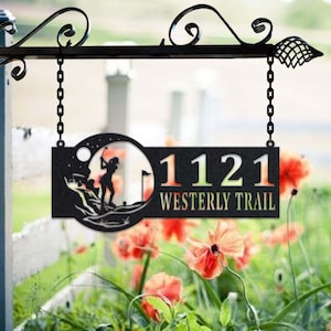 Personalized Female Golfer Metal Address Sign House Number Hanging Address Plaque Yard Sign, Outdoor Sign Garden Stake, Metal Address Sign