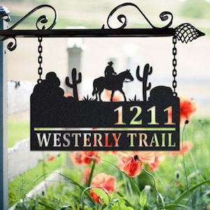 Personalized Cowboy Metal Address Sign House Number Hanging Address Plaque Yard Sign, Outdoor Sign Garden Stake, Metal Address Sign