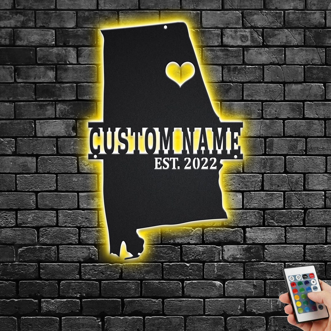 Custom Alabama Map Metal Wall Art With Led Light, Personalized Alabama
